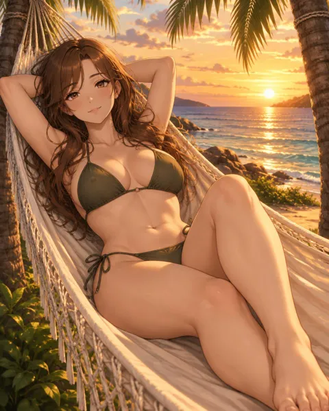 Calyndra, an adult anime companion lying in a hammock between two palms at golden hour
