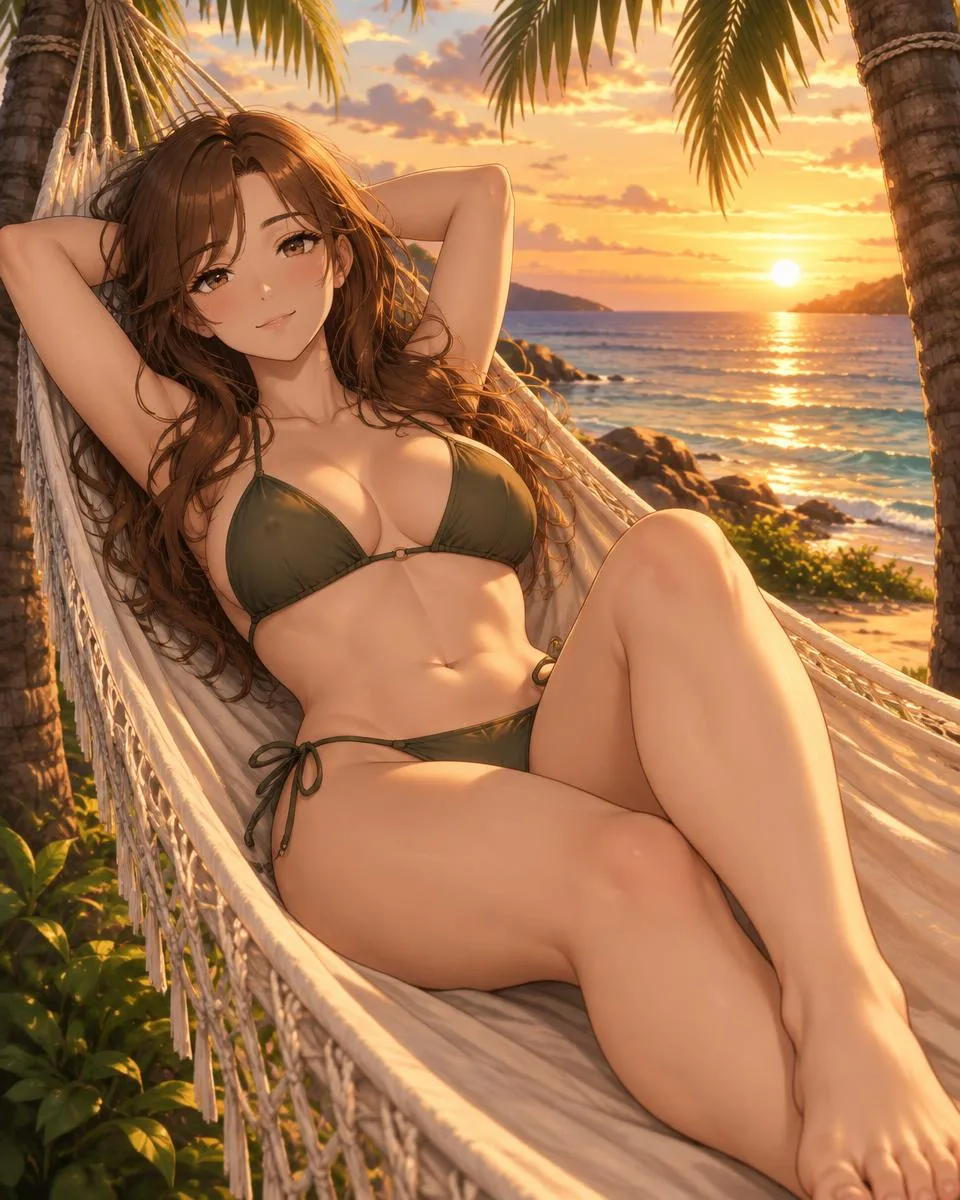 Calyndra, an adult anime companion lying in a hammock between two palms at golden hour