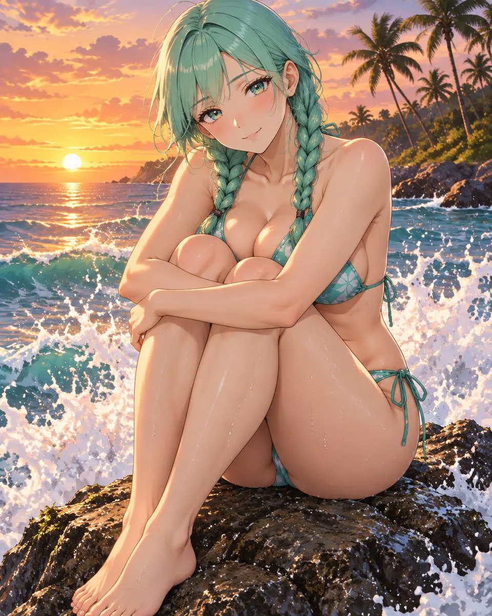Liorah, an adult anime companion sitting on a sea rock hugging her knees as waves splash