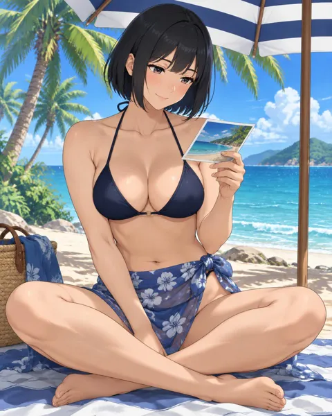 Ondrasia, an adult anime companion sitting cross-legged under a striped beach umbrella holding a postcard
