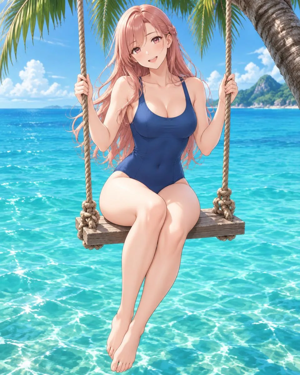 Saphirelle, an adult anime companion sitting on a rope swing above the turquoise sea