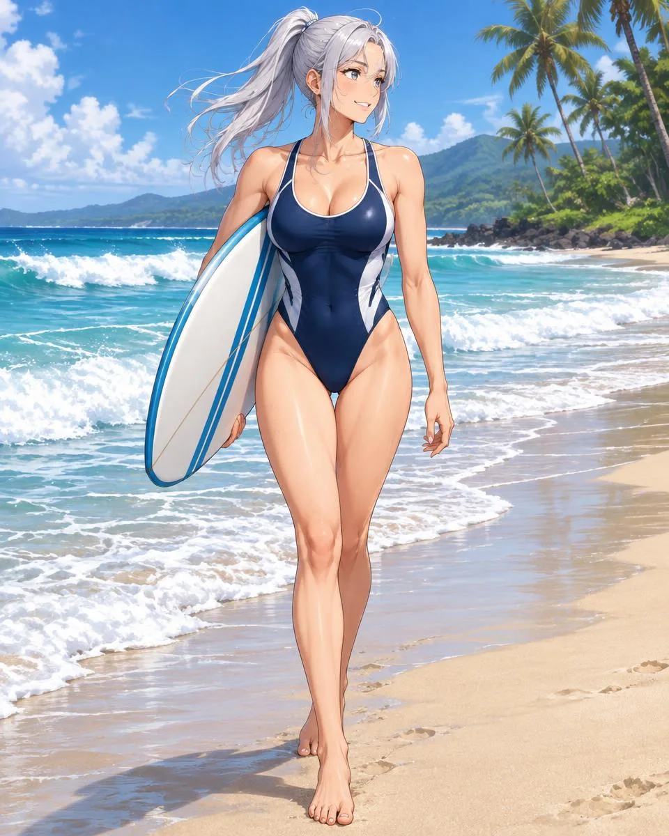 Vespiria, an adult anime companion walking along the shore carrying a surfboard