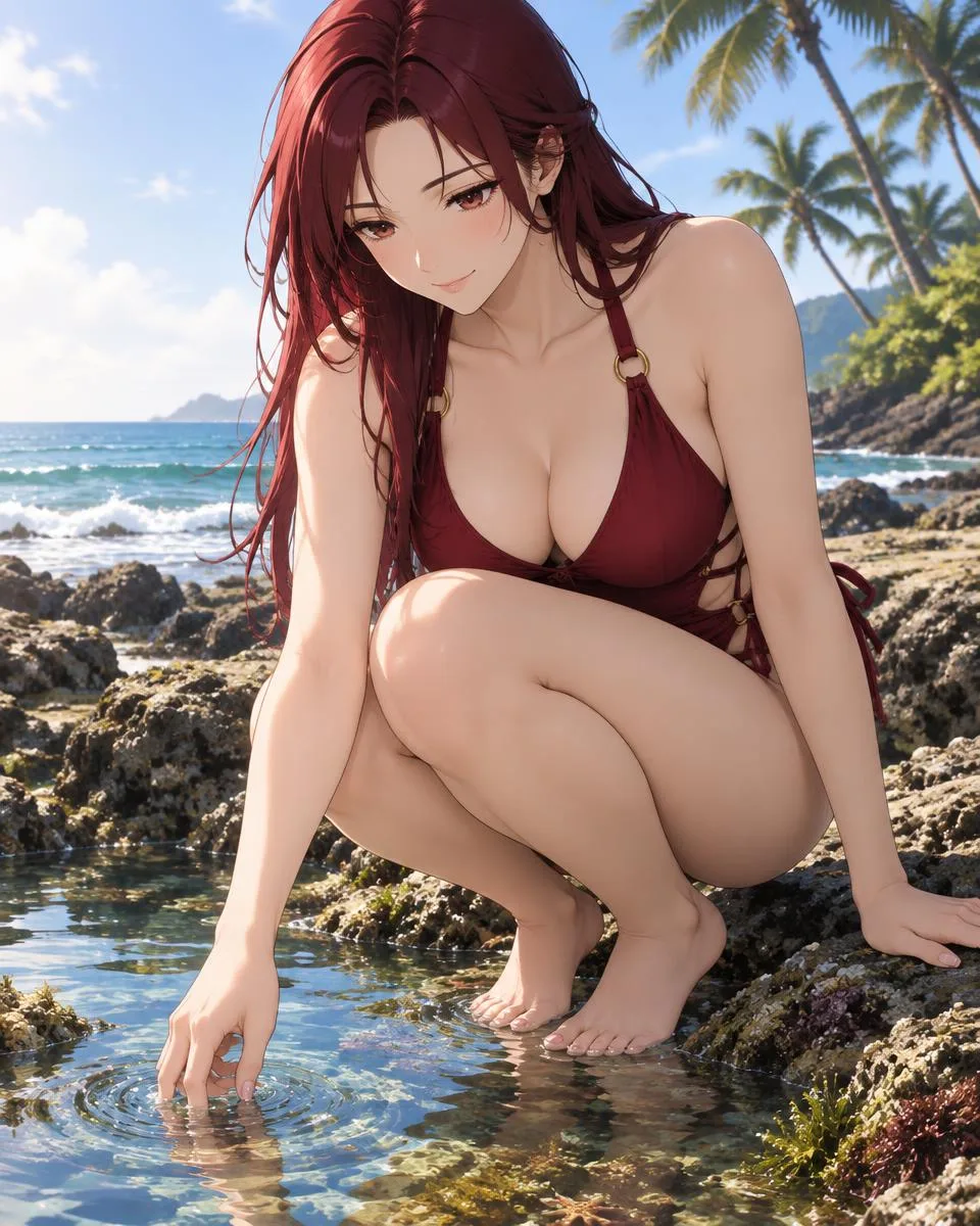 Zinovie, an adult anime companion crouching at a tide pool touching the water